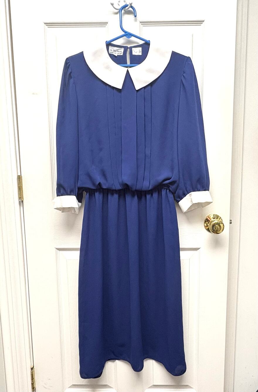 Secretary Dress In The Mood Peter Pan Collar Sheer Sleeve Midi Blue Size 12